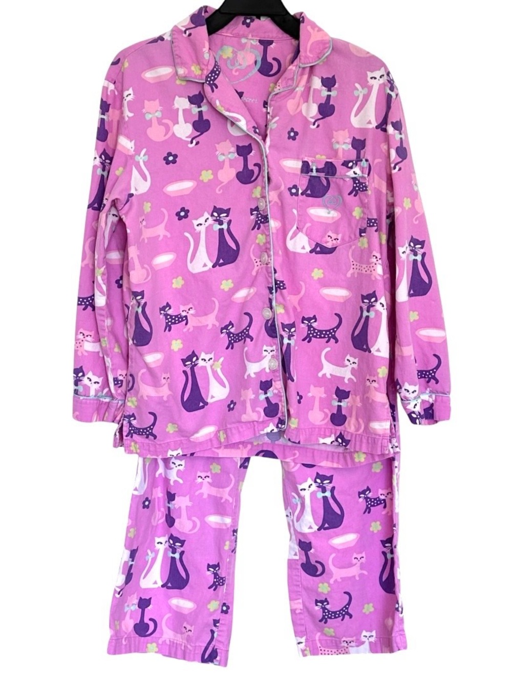 2PC Victoria’s Secret Pajama Set Women’s Small Pink Cat Long Sleeve Shirt Pants